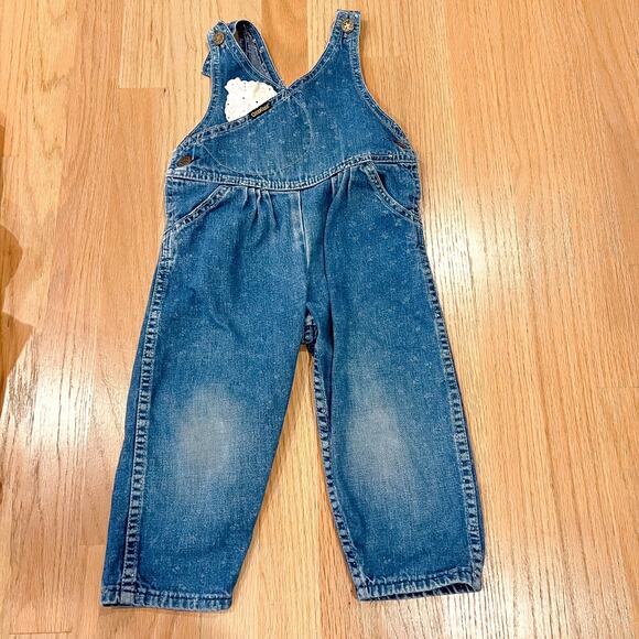 Vintage 3T OshKosh B'Gosh Vestbak Baby Overalls Printed Denim White Lace USA - Picture 2 of 11